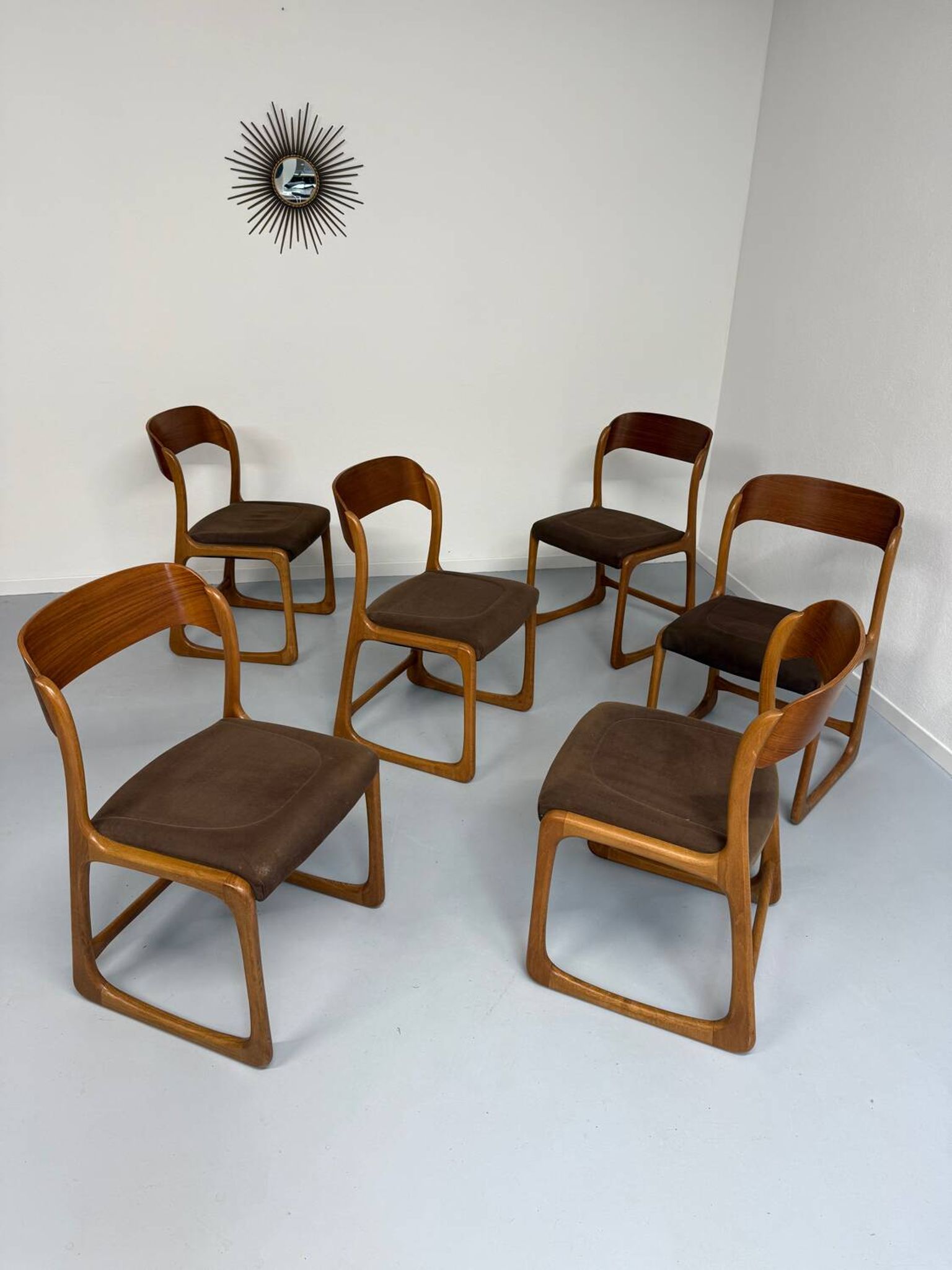 Set of 6 Baumann sleigh chairs in wood and brown fabric, original 1960s
