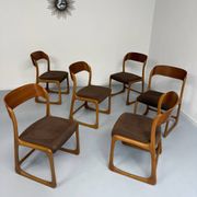 Set of 6 Baumann sleigh chairs in wood and brown fabric, original 1960s