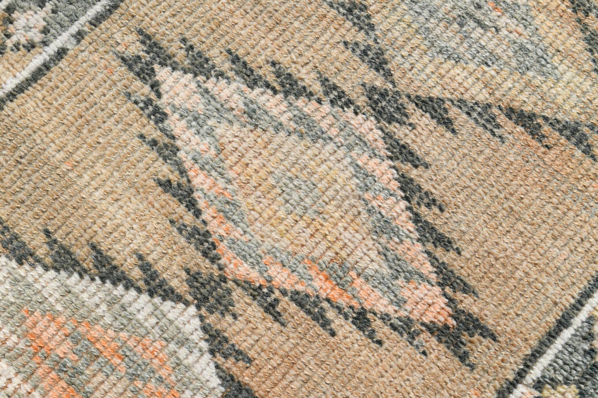 Tapis Couloir Vintage Beige Motifs Géométriques Anatoliens, 91x352 Cm