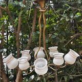 Vintage Lustre Brass and Frosted Glass with White and Gold Large Grains 8 Lights