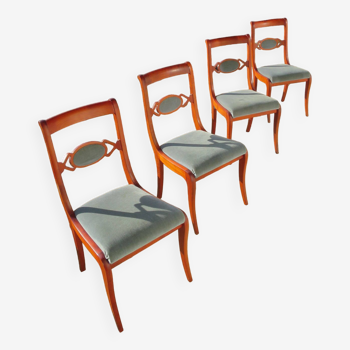 Rare- Lot de 4 chaises style Louis Philippe/restauration avec médaillon - Coloris bleu / merisier