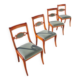 Rare- Lot de 4 chaises style Louis Philippe/restauration avec médaillon - Coloris bleu / merisier