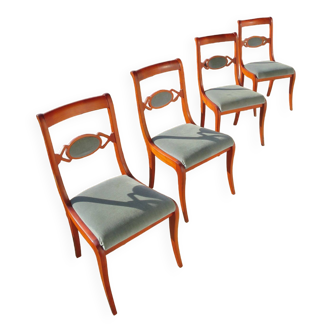 Rare- Lot de 4 chaises style Louis Philippe/restauration avec médaillon - Coloris bleu / merisier