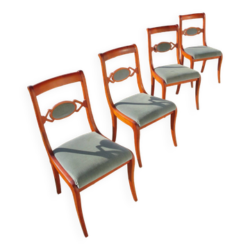 Rare - Set of 4 Louis Philippe/restoration style chairs with medallion - Colour blue / cherry wood