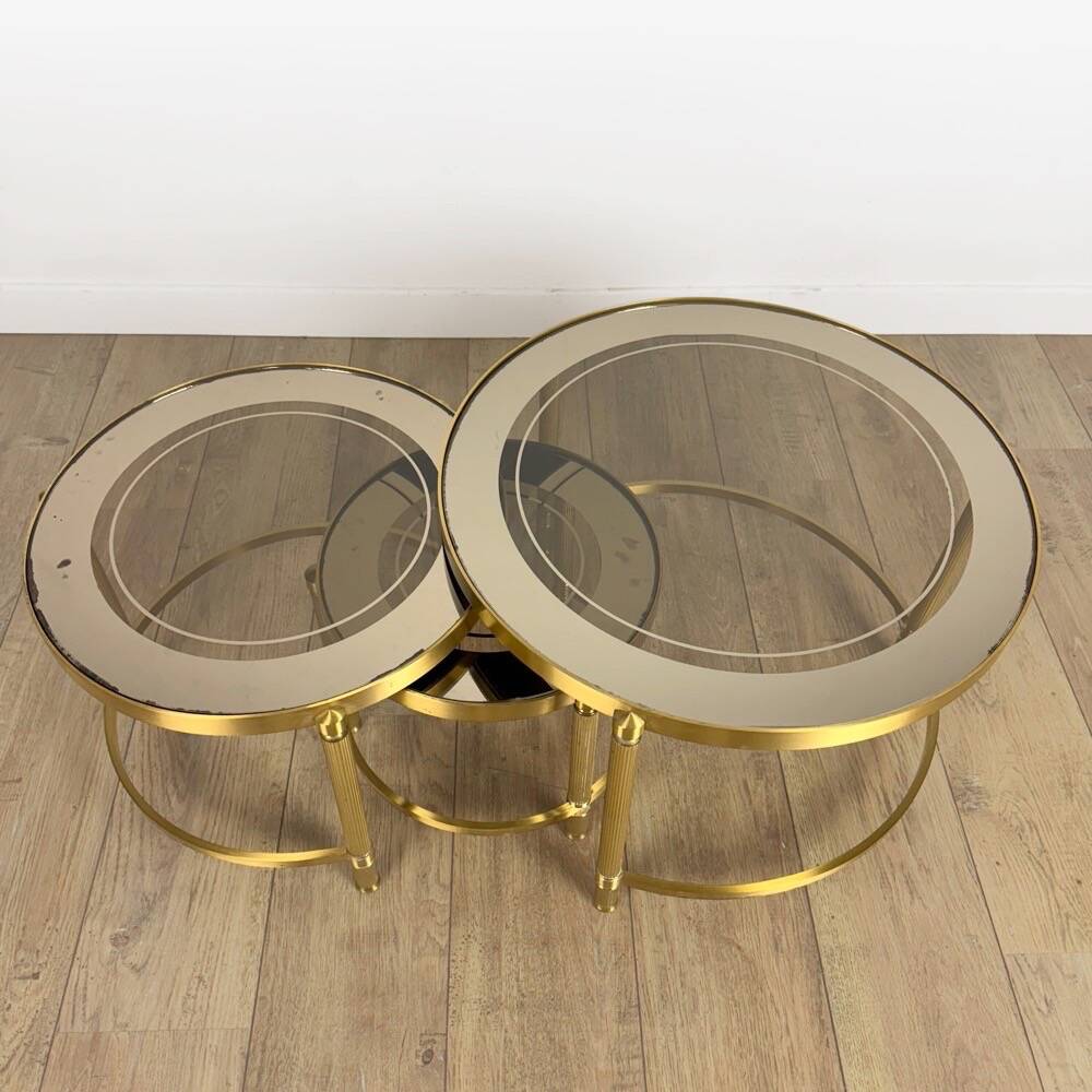 Tables gigognes rondes bronze doré verre fumé vintages