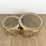 Vintage round nesting tables in gilded bronze with smoked glass