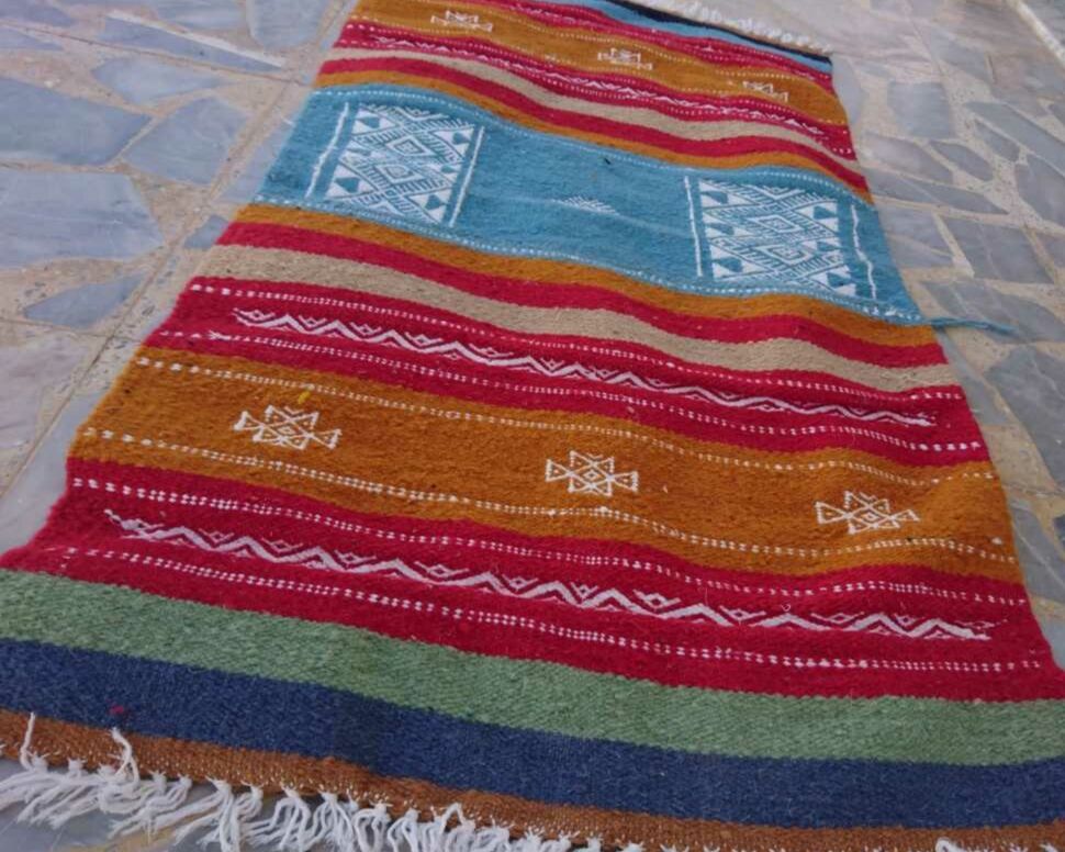 Kilim blue orange red multicolor handmade 110x60cm