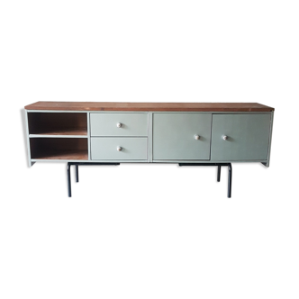 Vintage green metallic low sideboard, metal base
