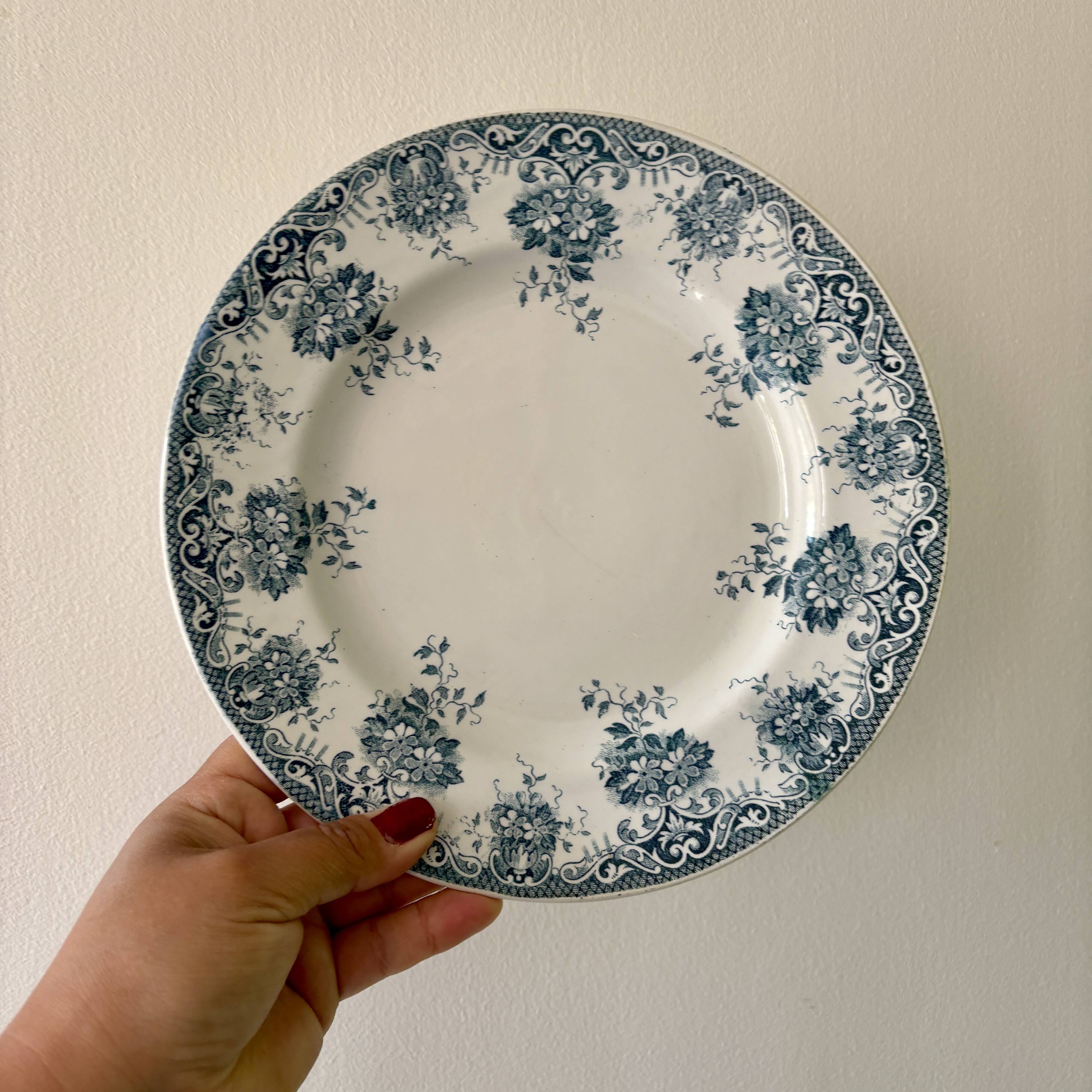 Lot de 10 assiettes plates anciennes en terre de fer dépareillées