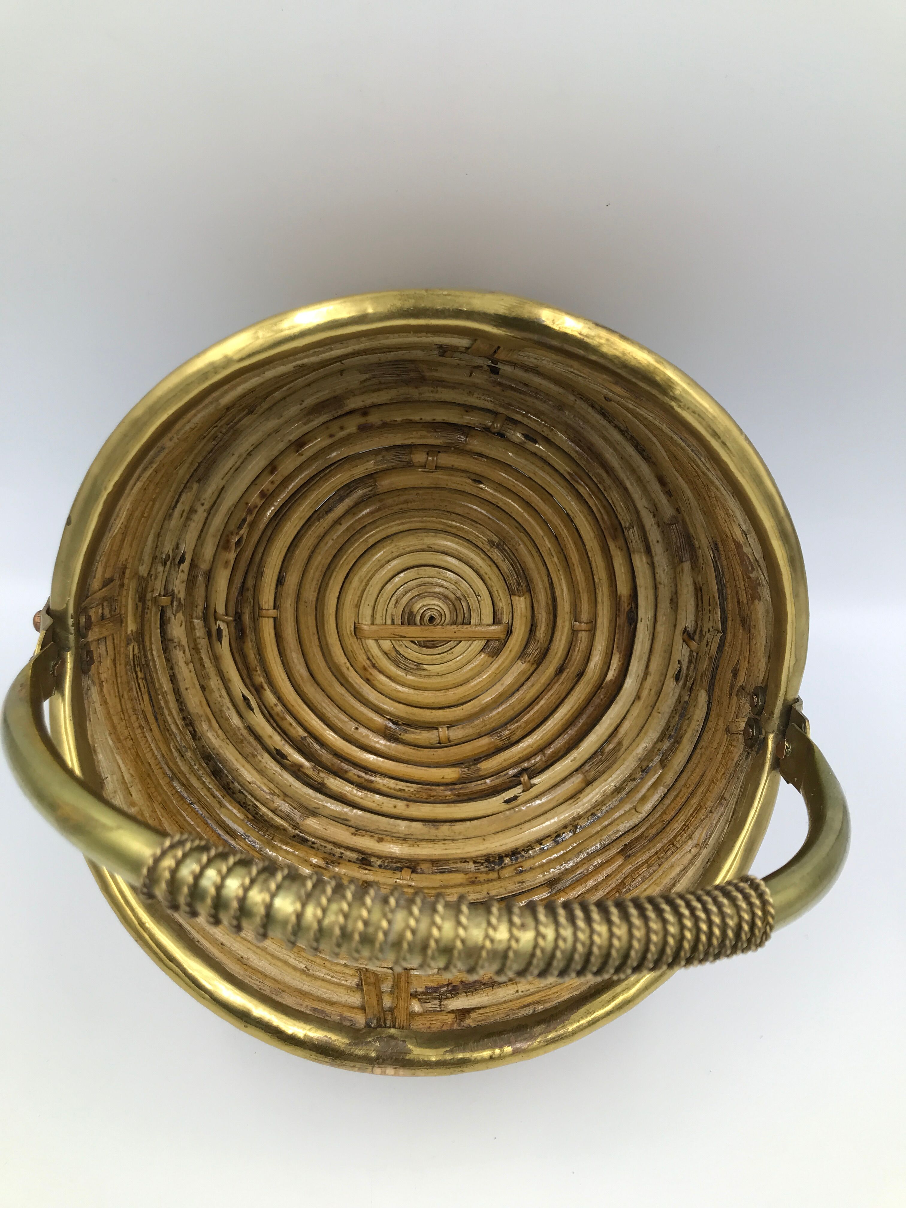 Brass wicker rattan basket from the 70s
