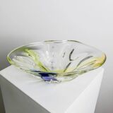 Large Murano Glass Bowl in Clear with Blue & Yellow Swirls – Oval Vintage Italian Design (1970s)