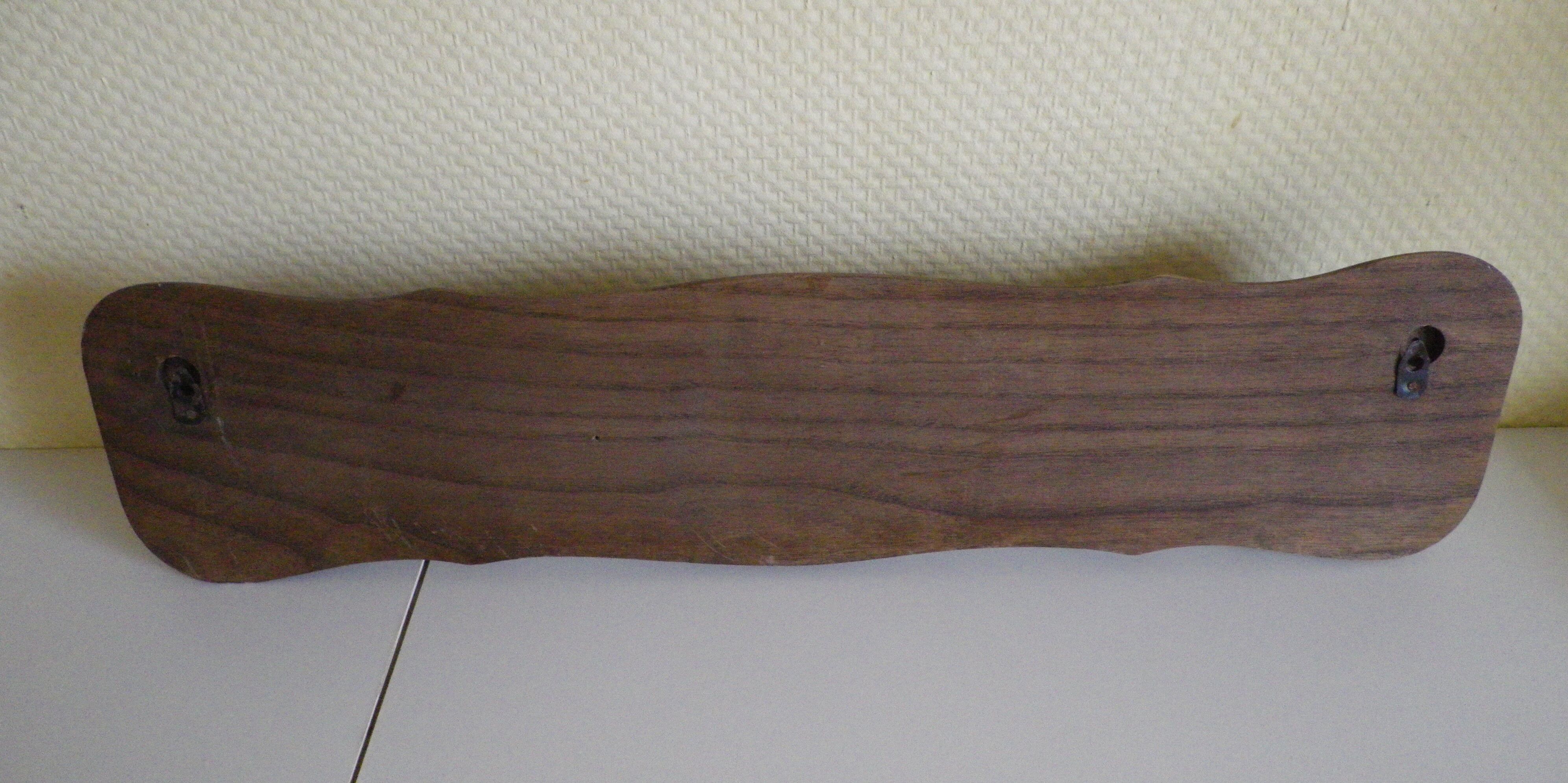 Wooden wall coat rack and its 4 wrought iron hangers, 60s