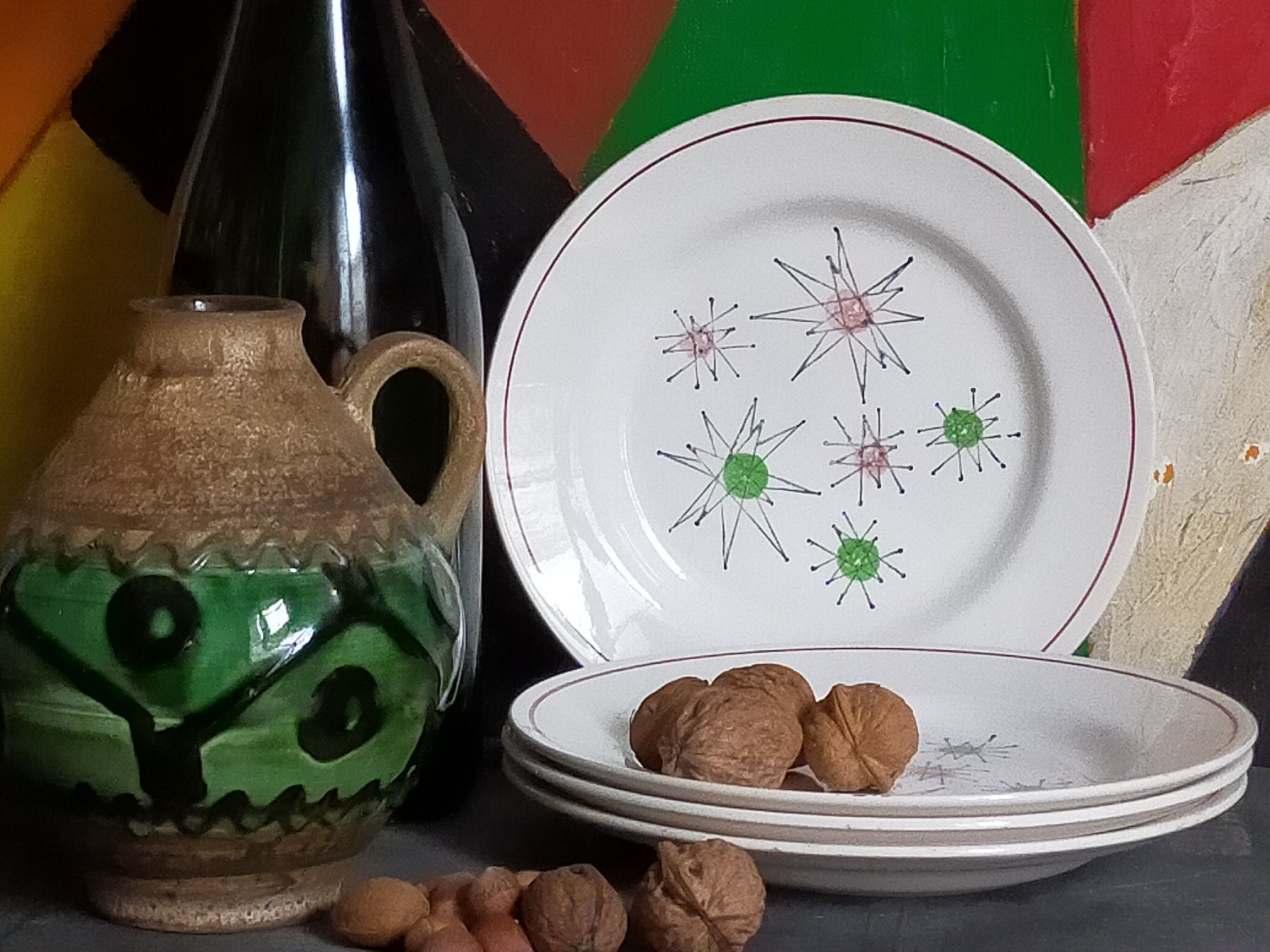 Four french earthenware dessert plates service "Marie-Claude" 50s.