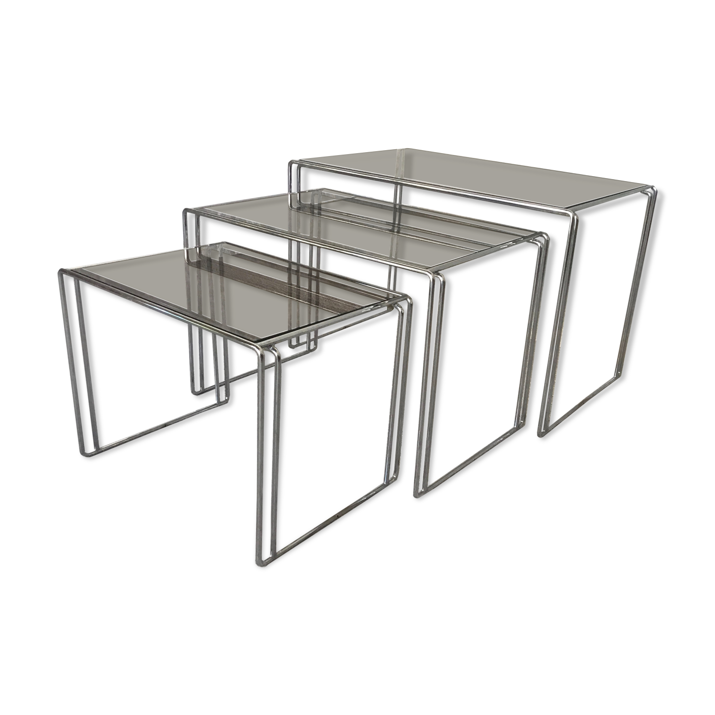 Suite of 3 space-age nesting tables stainless steel and glass - design 1970