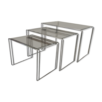 Suite of 3 space-age nesting tables stainless steel and glass - design 1970