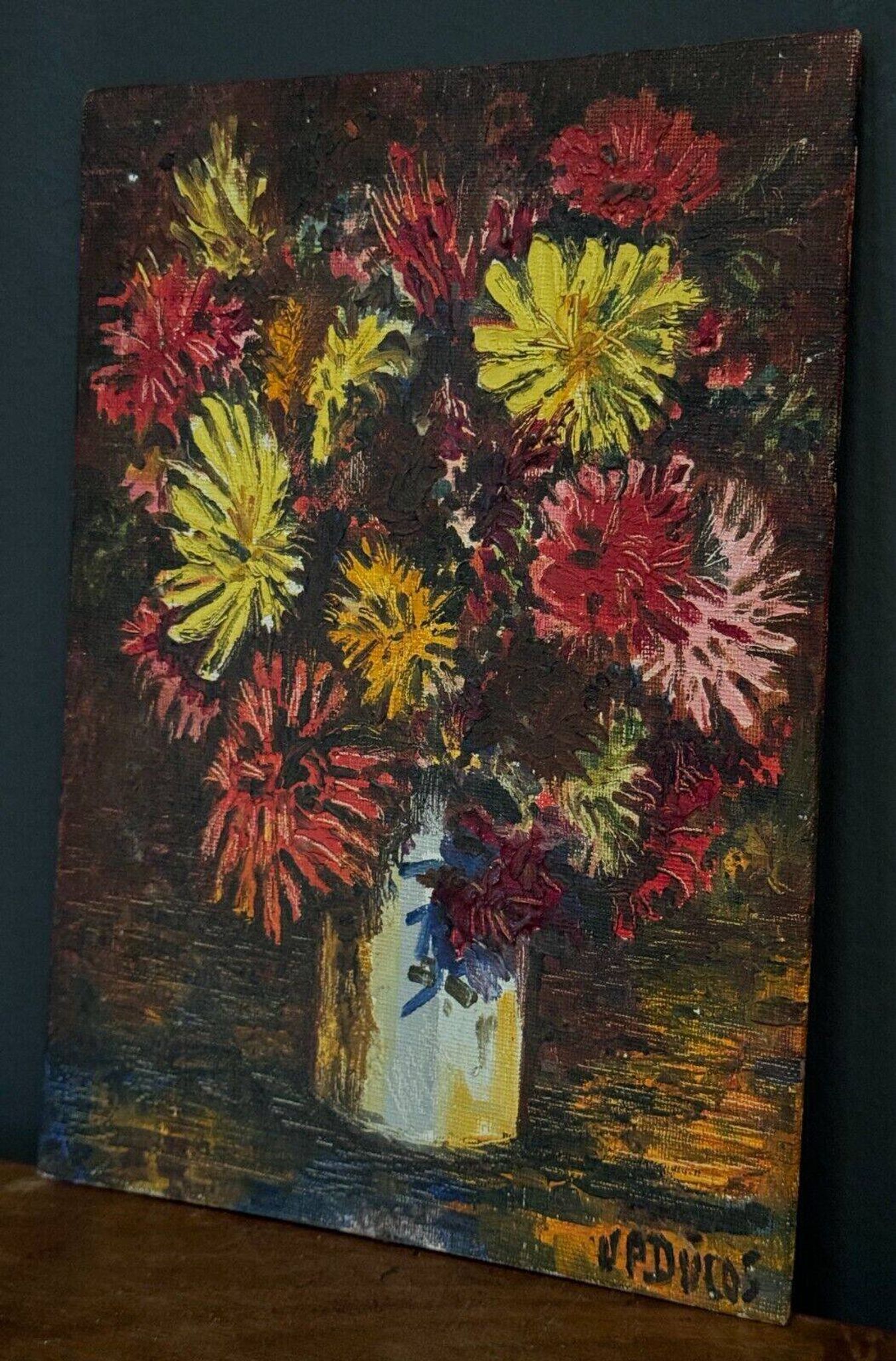Oil on cardboard by J.-P. Ducos still life 1960 bouquet of flowers