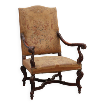 Carved Walnut Armchair with Scrolling and Tapestry Upholstery, France, circ
