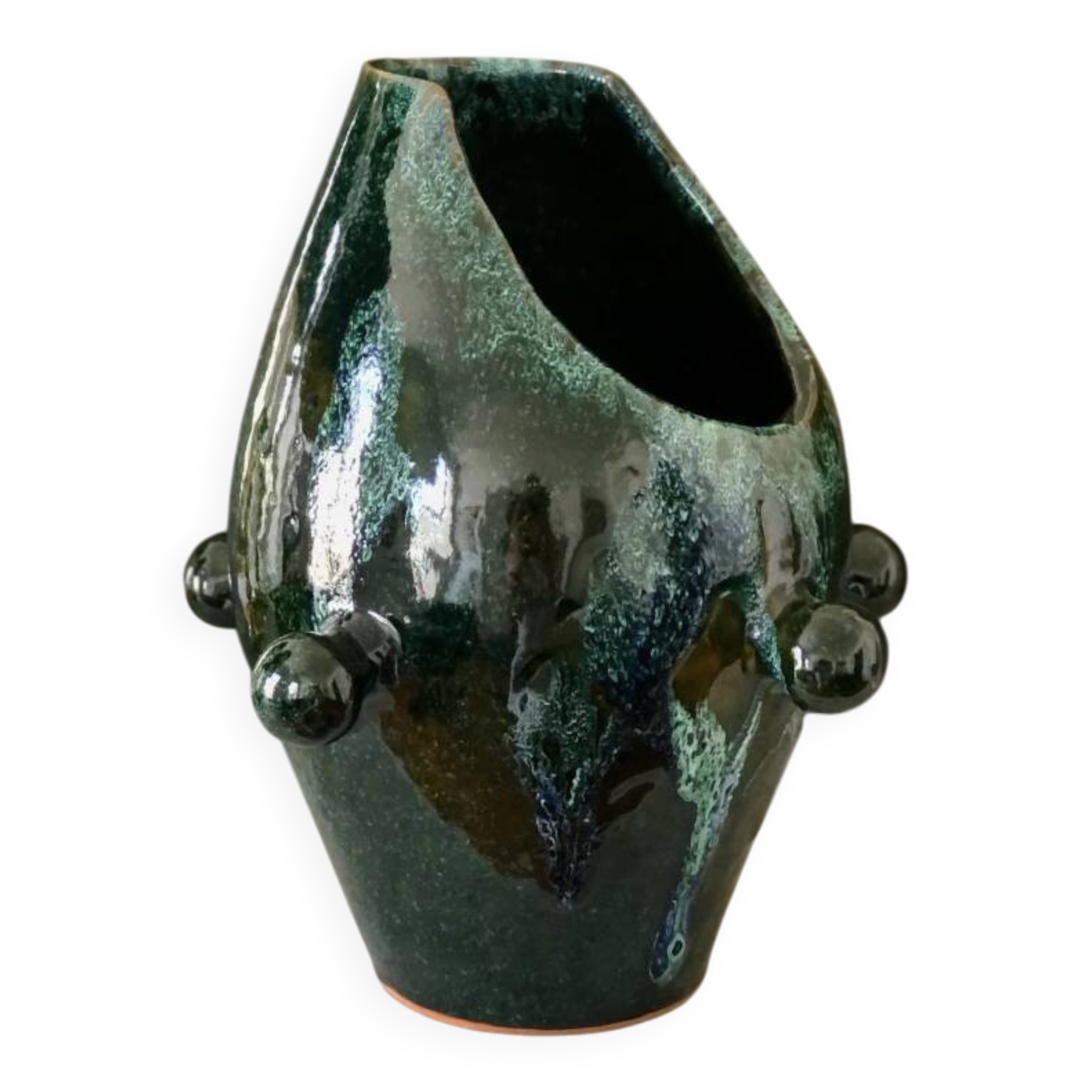 Glazed green and blue ceramic vase.