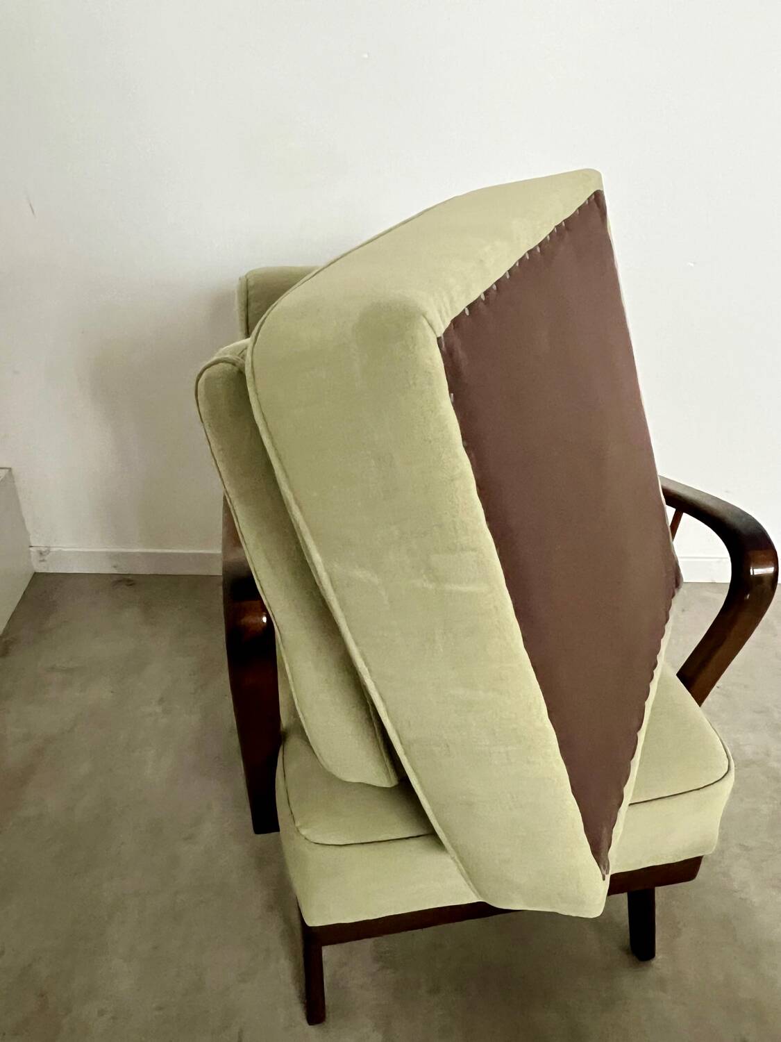 Set 2 old designer fireside chairs from the 50s wood and vintage fabric