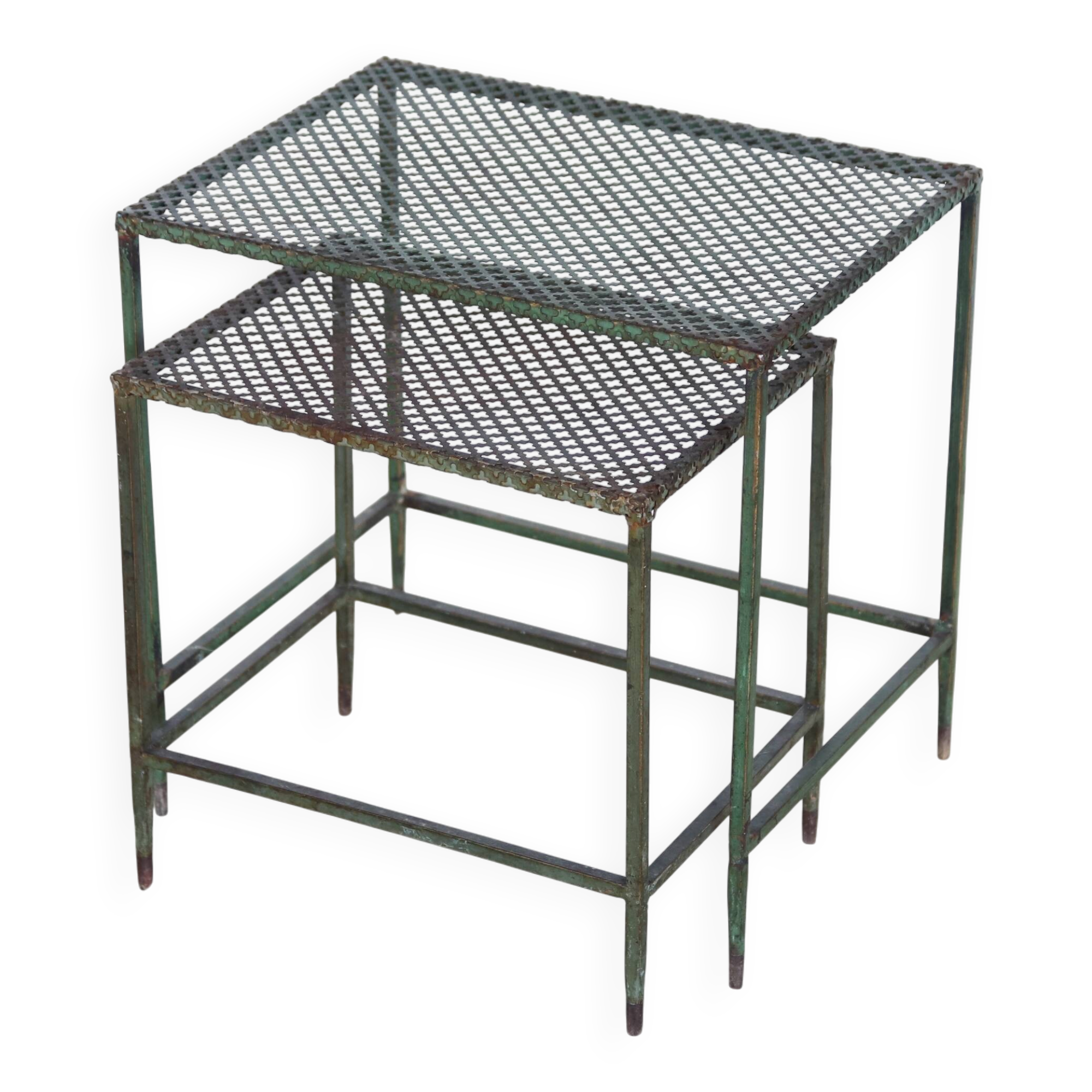 Set of two green Mathieu Matégot side tables, 1950s