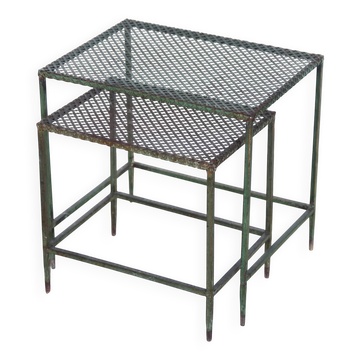 Set of two green Mathieu Matégot side tables, 1950s