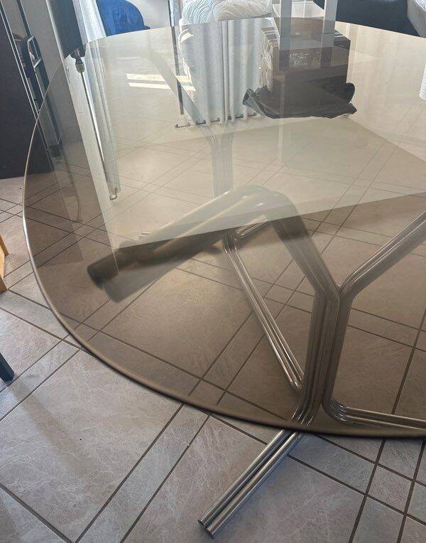 Large 70s dining table – chrome base and glass top
