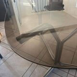 Large 70s dining table – chrome base and glass top