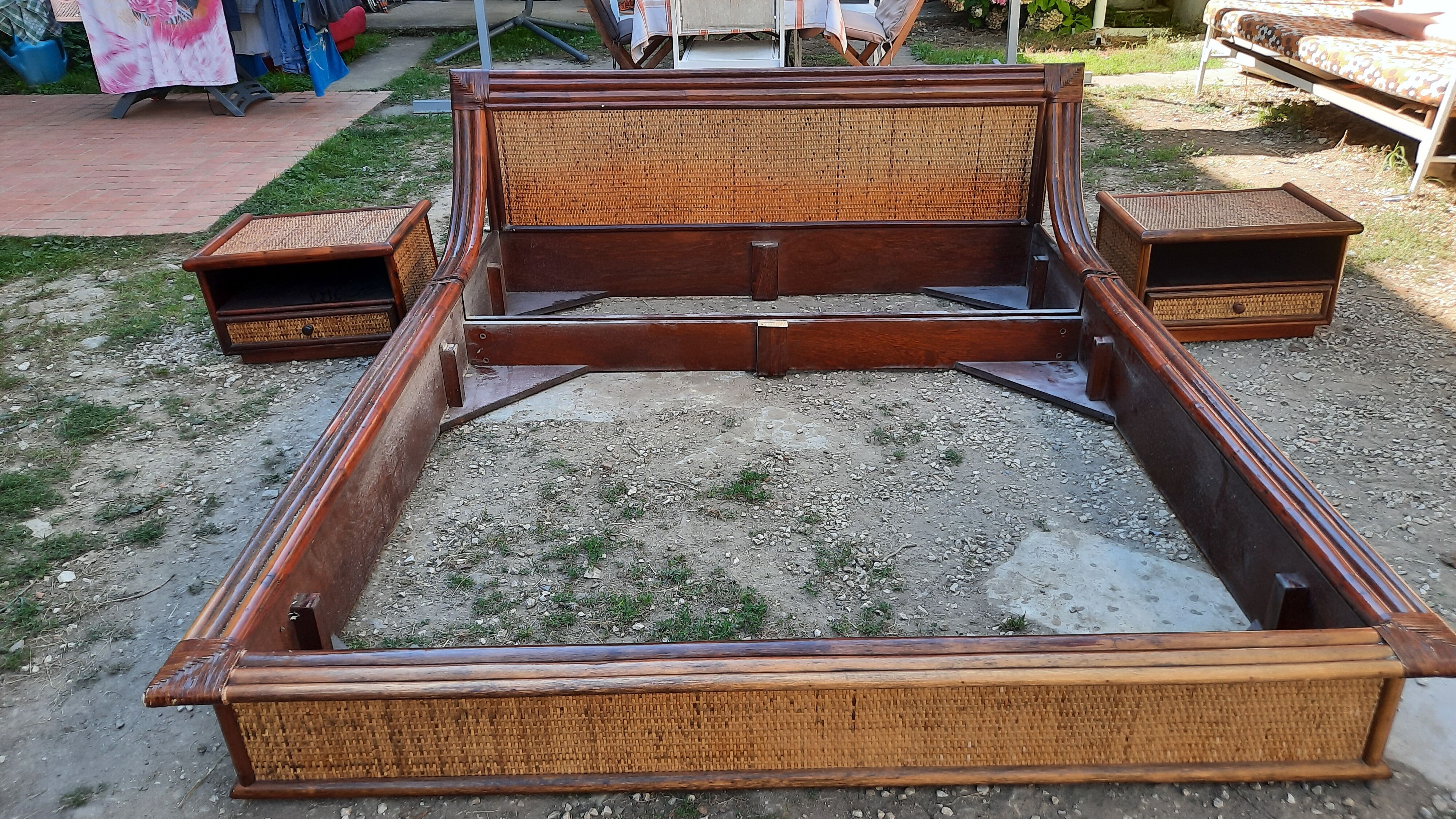 Rattan and bamboo bed and side tables