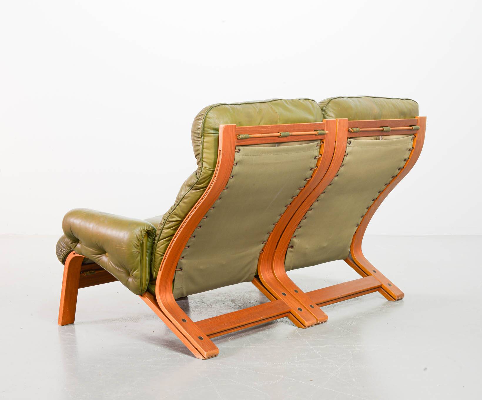 Scandinavian Rybo Rykken Olivegreen Leather 2-Seat Ry-Wing Lounge Sofa, 60s