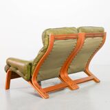Scandinavian Rybo Rykken Olivegreen Leather 2-Seat Ry-Wing Lounge Sofa, 60s