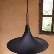 Vintage tulip hanging lamp in black metal and copper