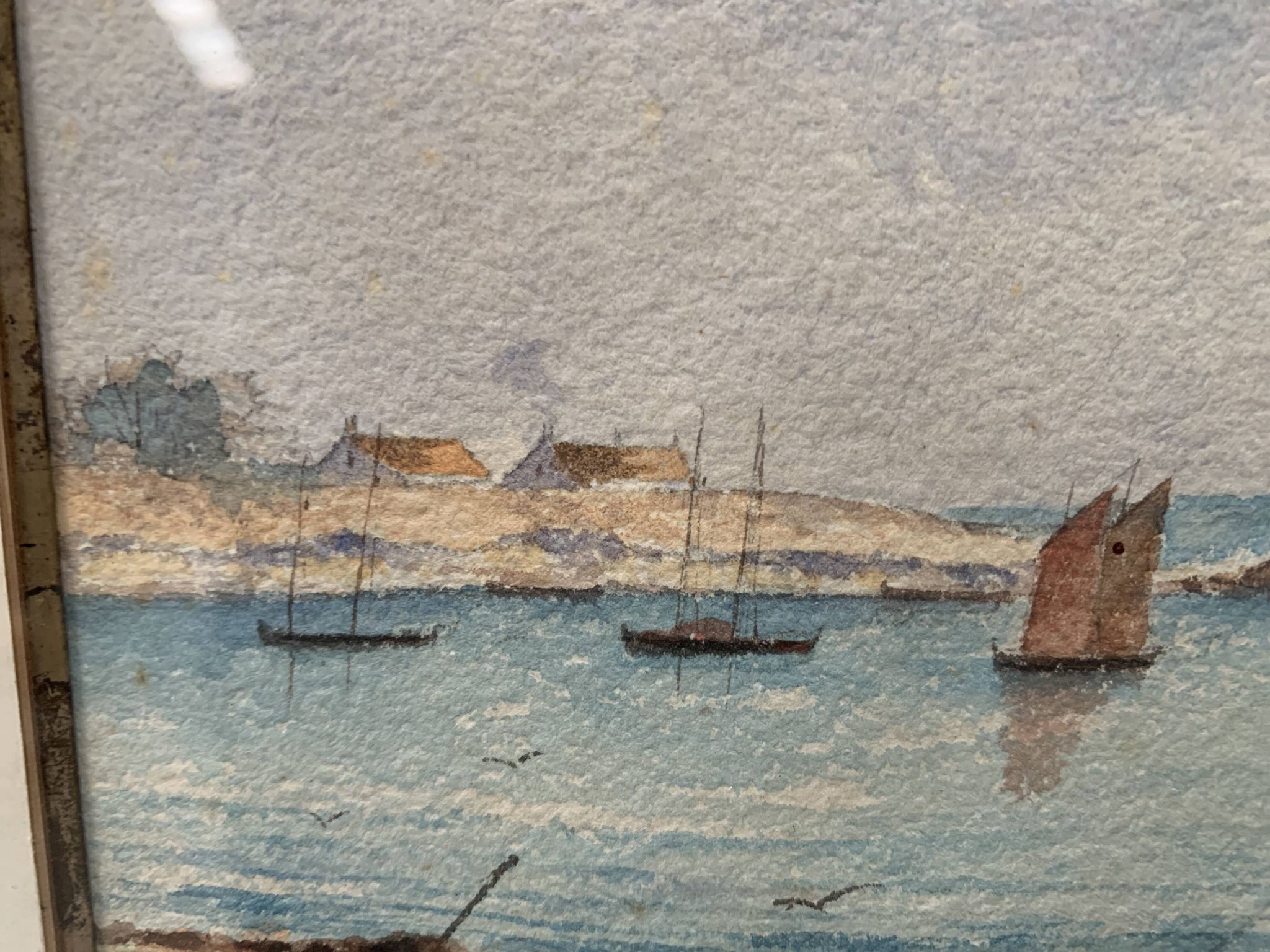 Marine watercolor "Sailboat at sea and stranded on the beach" 20th century