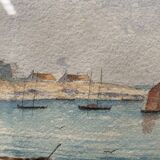 Marine watercolor "Sailboat at sea and stranded on the beach" 20th century
