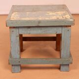 Old small workshop bedside table in Burmese teak original blue patina / ideal in fifth wheel p