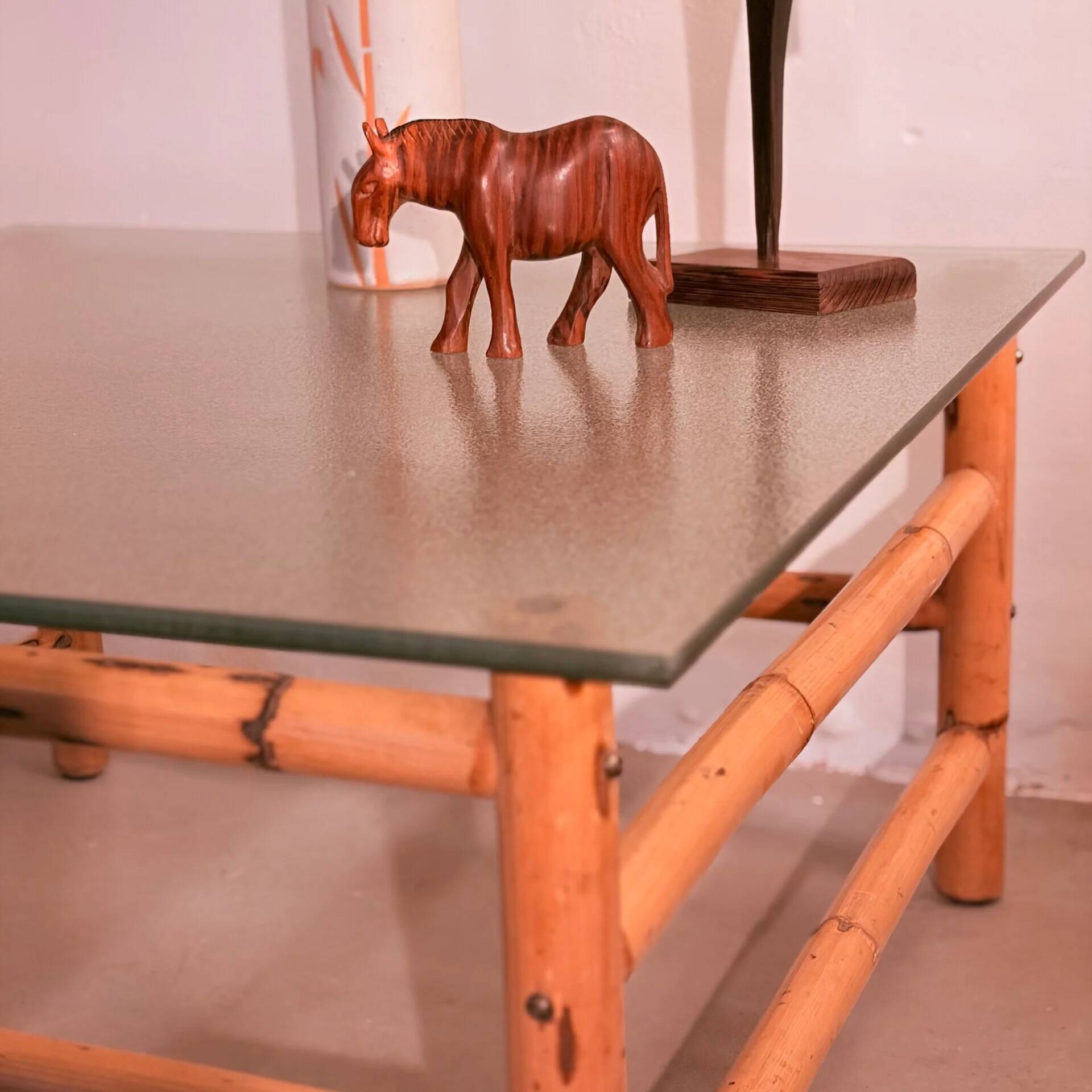 Vintage bamboo coffee table with glass top, 1970s, Brazil