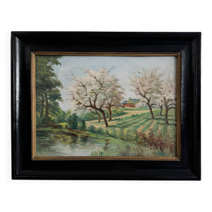 Huile sur panneau ''Cours