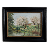 Oil on panel 20th century watercourse trees in bloom blackened wooden frame