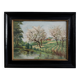 Oil on panel 20th century watercourse trees in bloom blackened wooden frame