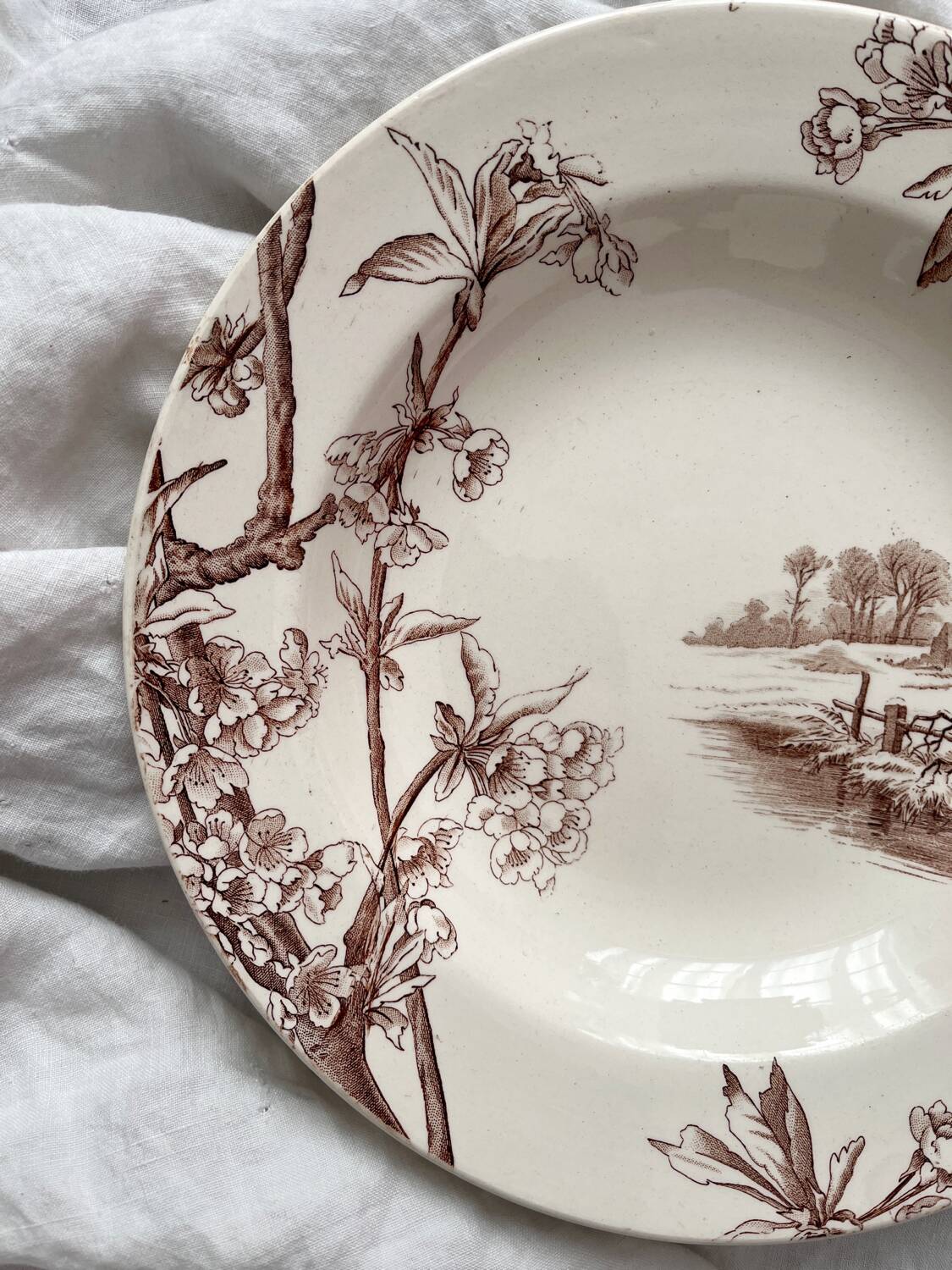 Deep ironstone plate "Cherry Tree" Creil and Montereau