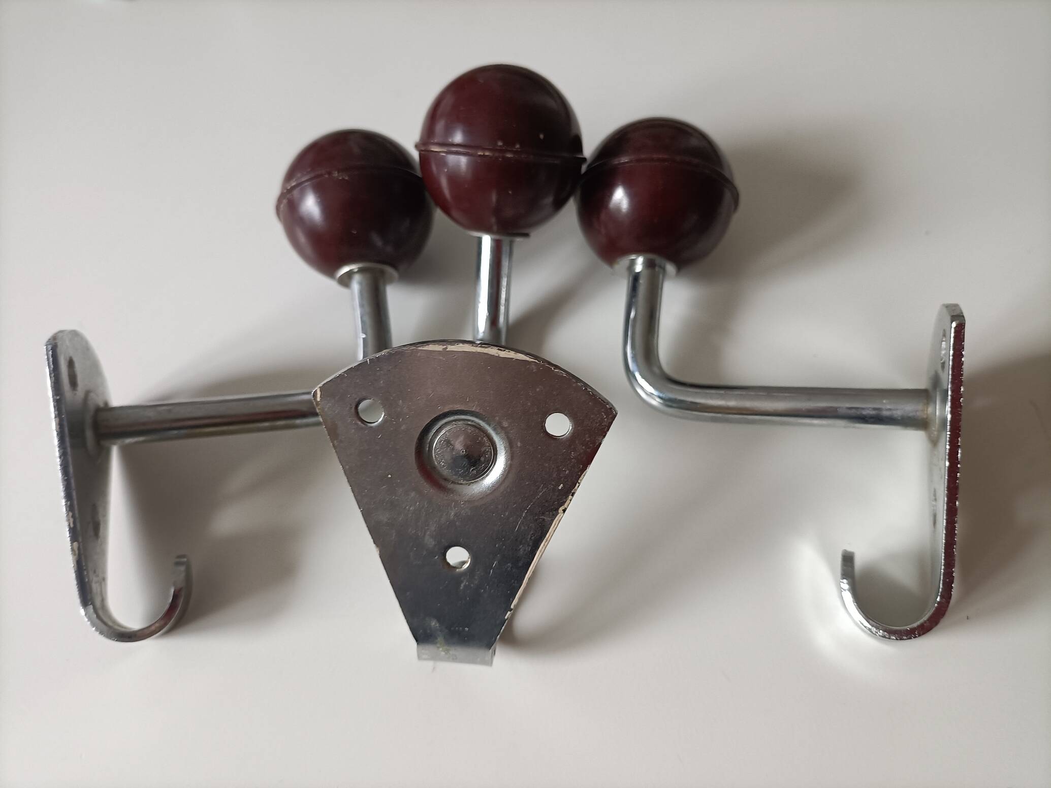 Set of 3 metal and bakelite coat hooks, public school type