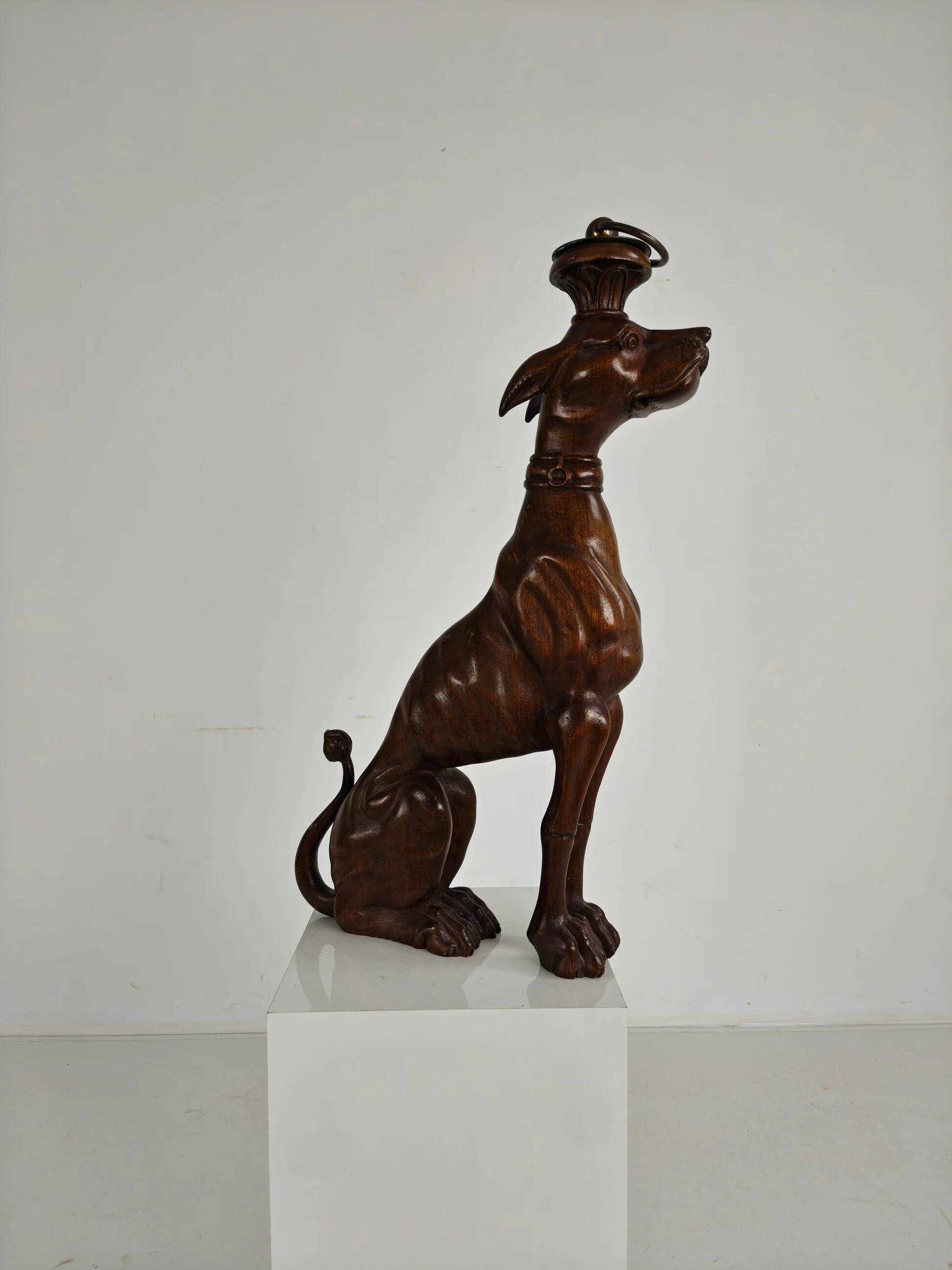 Hand-carved wooden greyhound statue - 20th century
