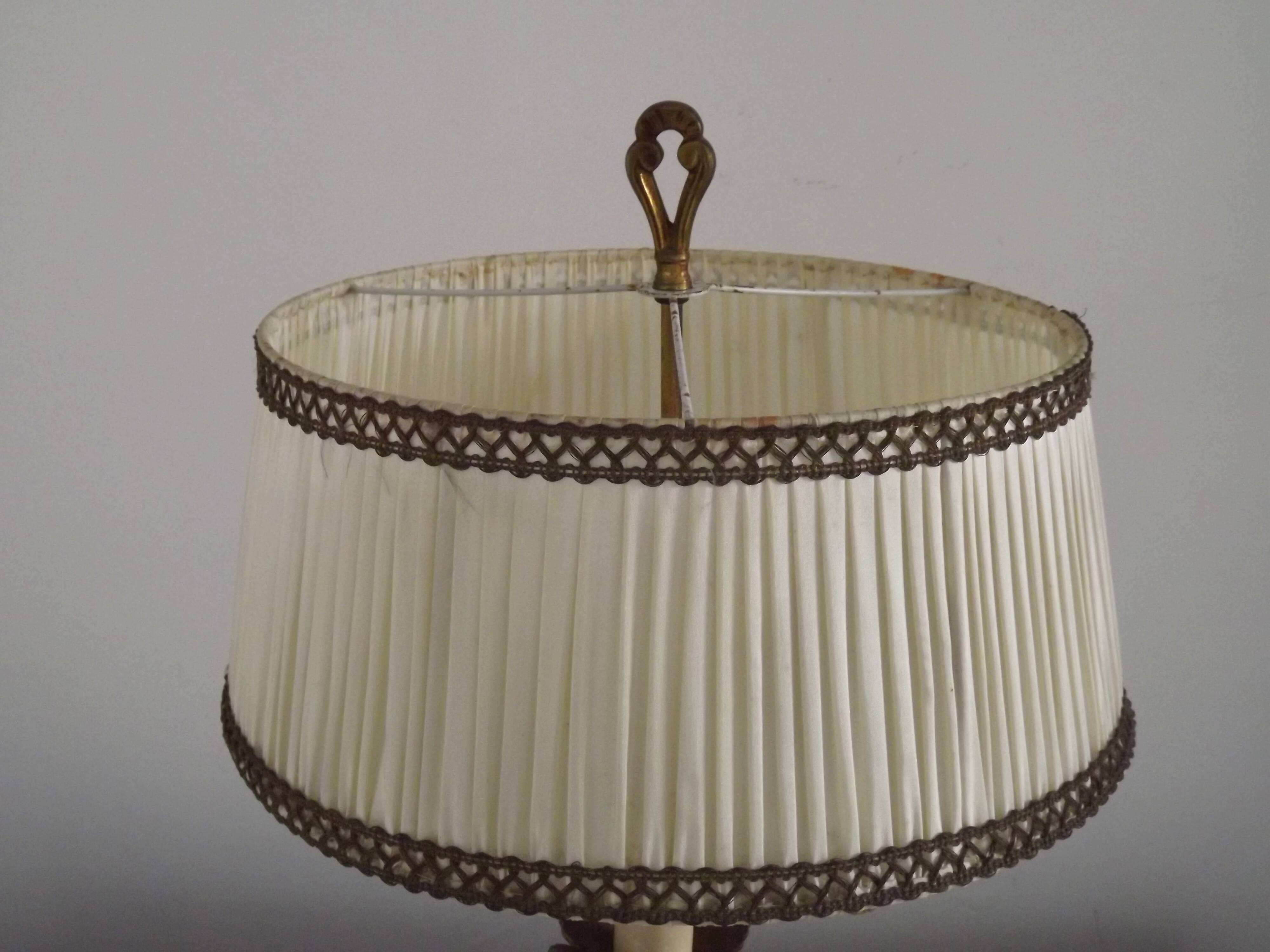 Bronze French Antique Art Nouveau 3-Light Candelabra Lamp Pleated Shade