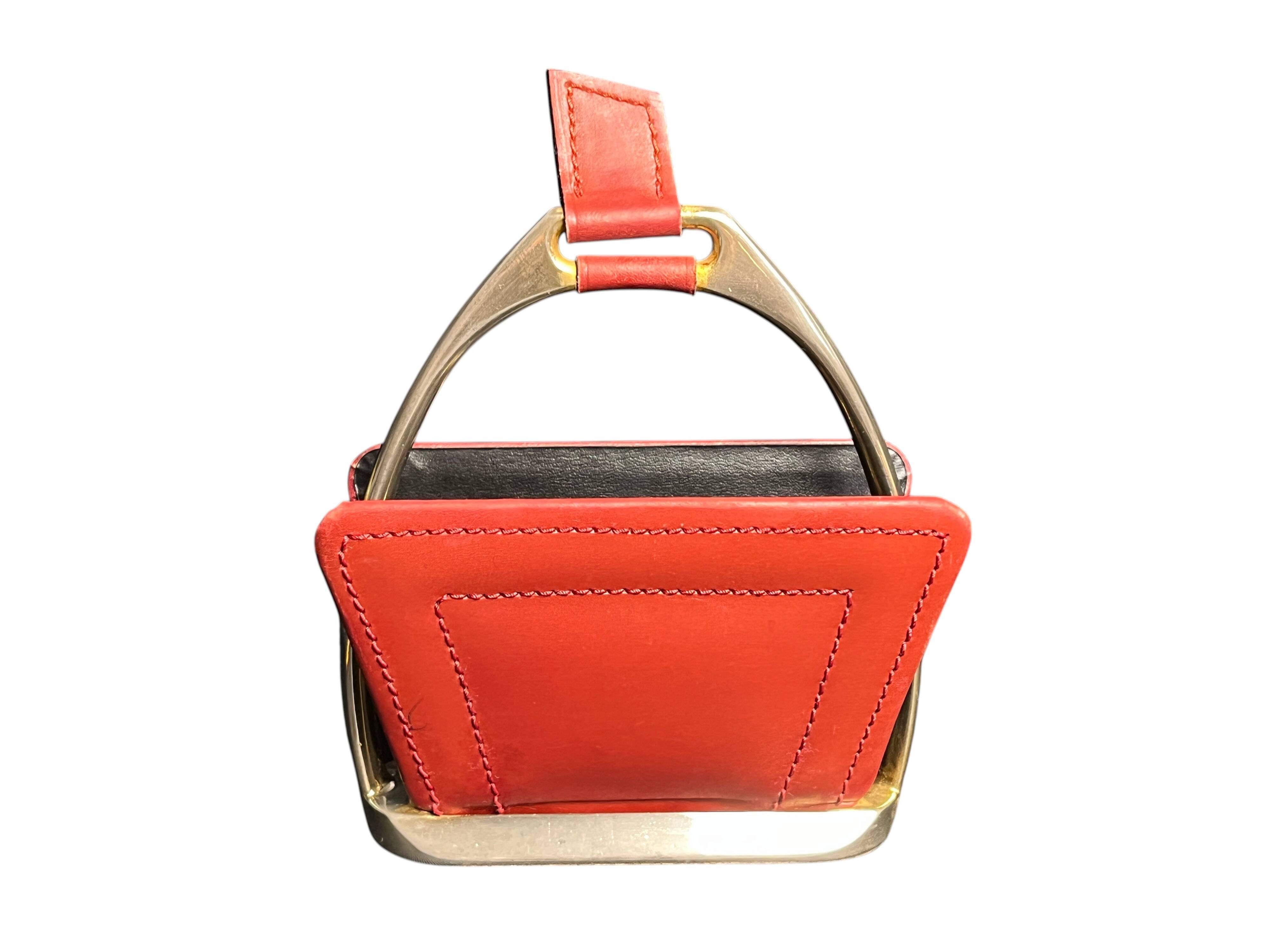 Longchamp, empty pocket document holder with leather and gold metal stirrup from around 1970.