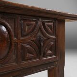 Table console espagnole ancienne en bois de chêne, avec 2 grands tiroirs du 18ème siècle.