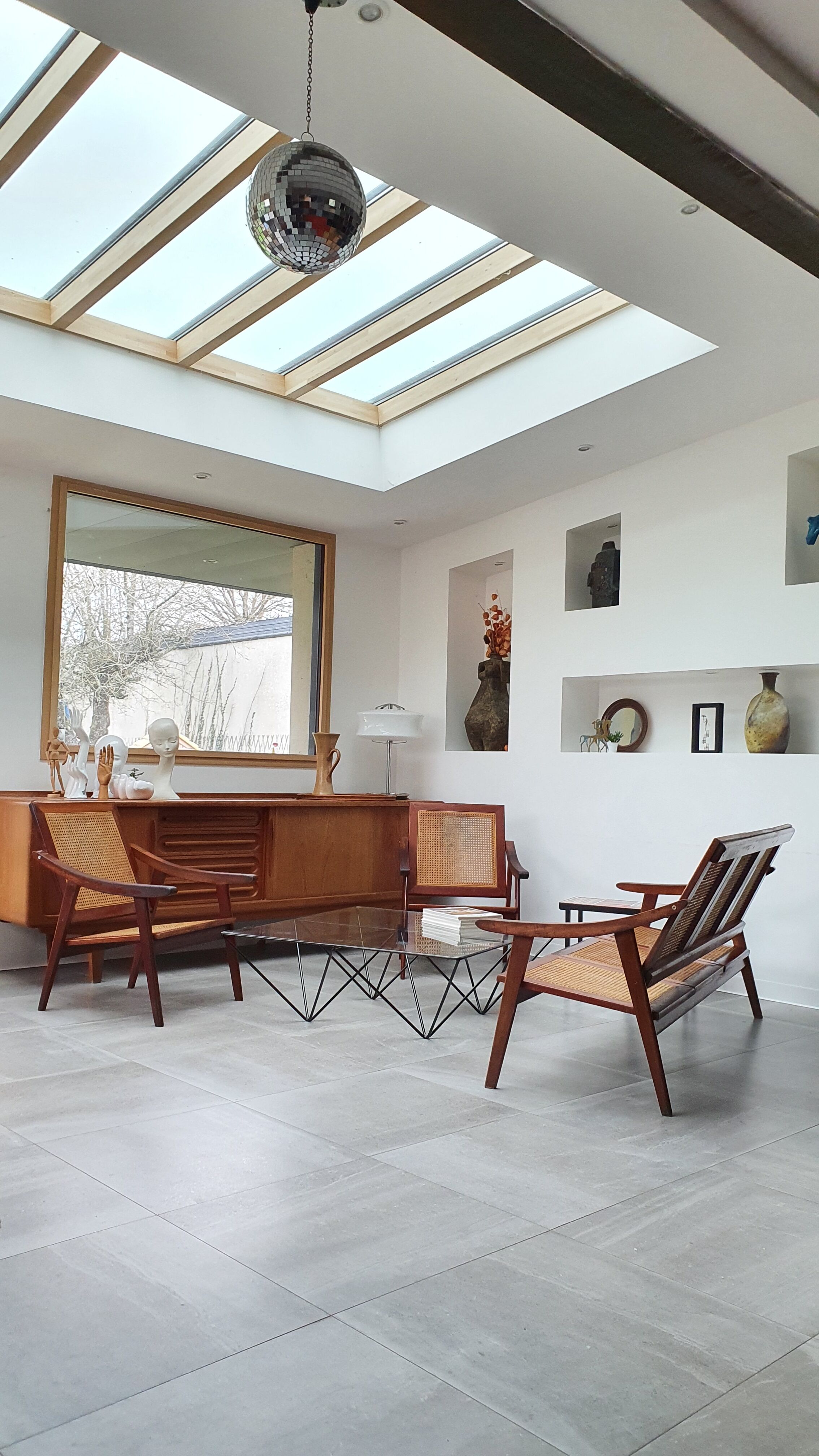 Pair of armchairs in red teak and cannage