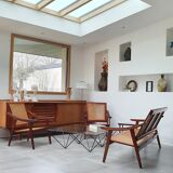 Pair of armchairs in red teak and cannage