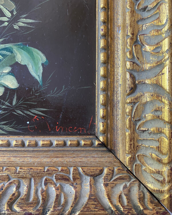 Tableaux XIX° pendant HSP acajou ''Bouquet de fleurs'' signés Vincent + cadre