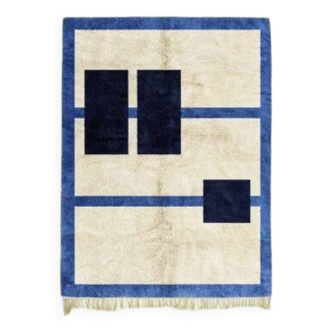 Tapis azilal blanc, noir et bleu fait main traditionnelle 250cmx150cm