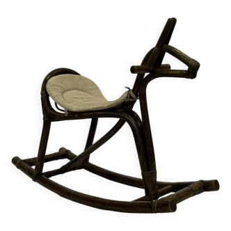 Cheval à bascule en bambou et rotin du milieu du siècle, design années 60 pour enfants