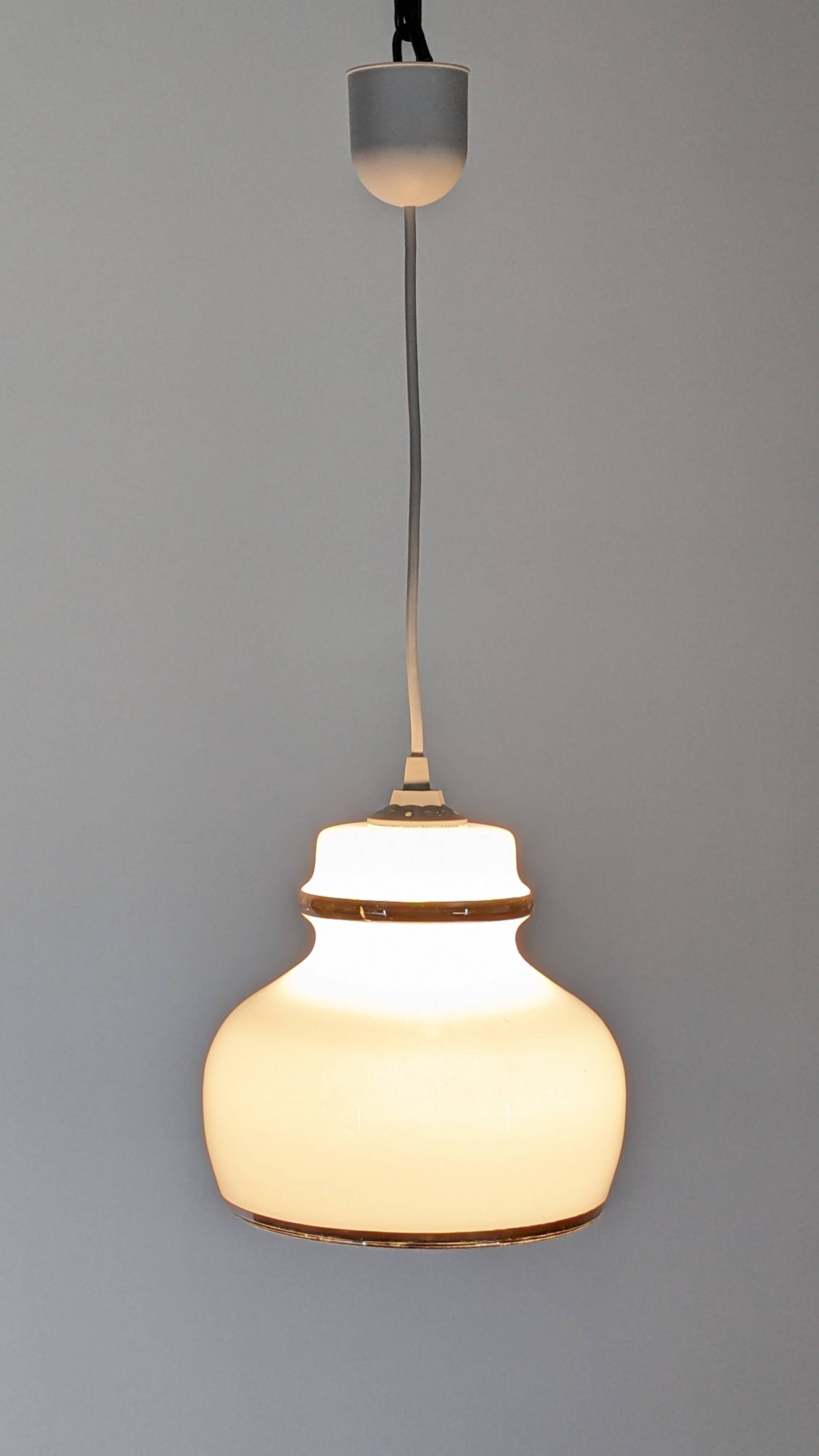 Suspension in white opaline with chrome trim, France circa 1970.